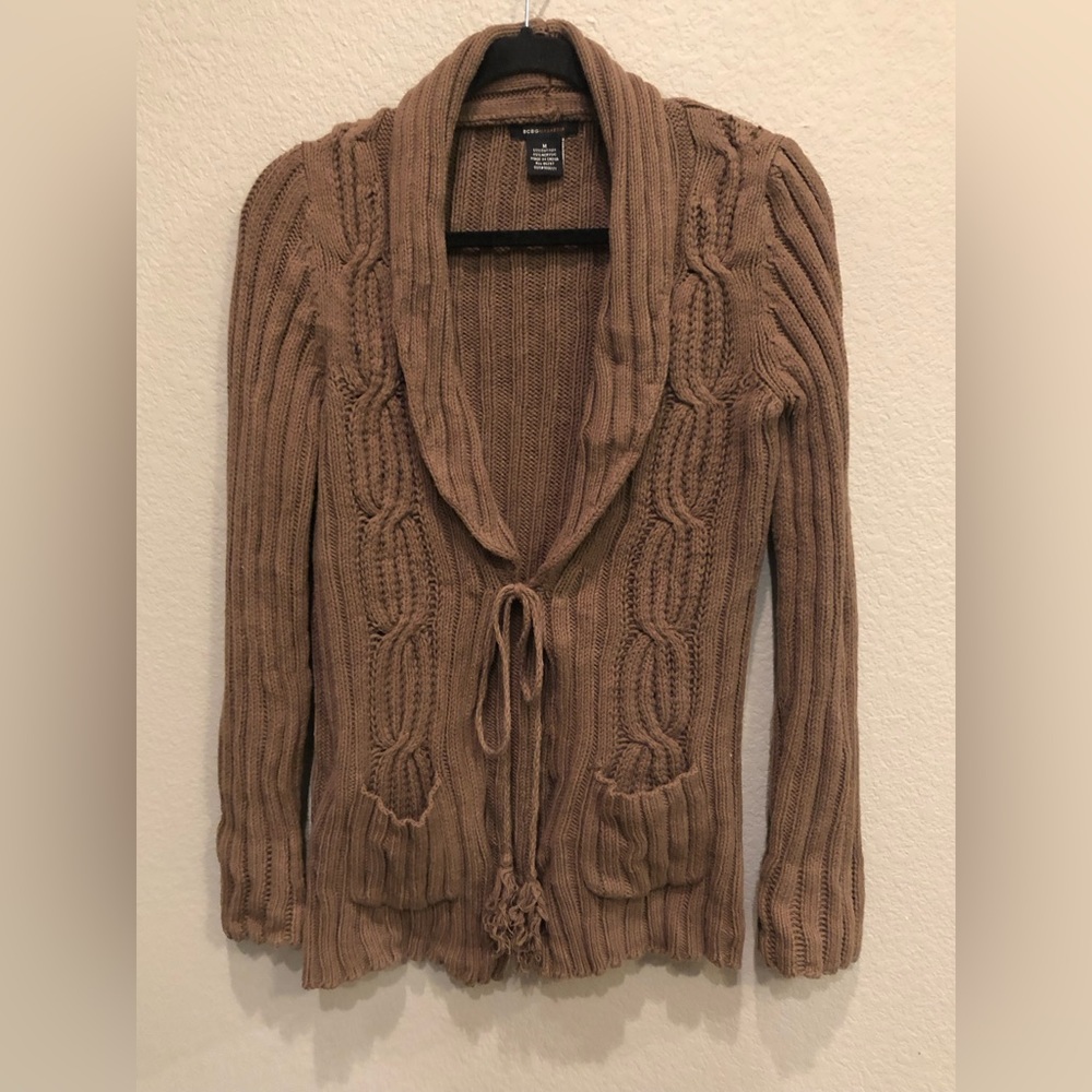 BCBG Max Azria women’s Brown Cable Knit Tie Front Long Sweater size medium